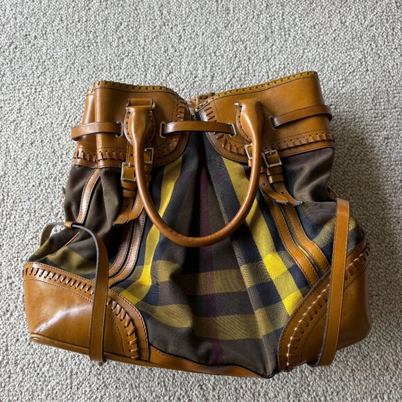 Burberry Prorsum House Check Canvas Tote Chrome Yellow Bridle Leather Large - Picture 13 of 16